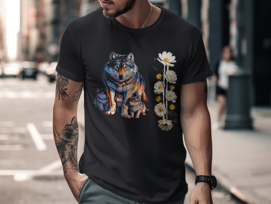 Wolf Family and Flowers Graphic T-Shirt