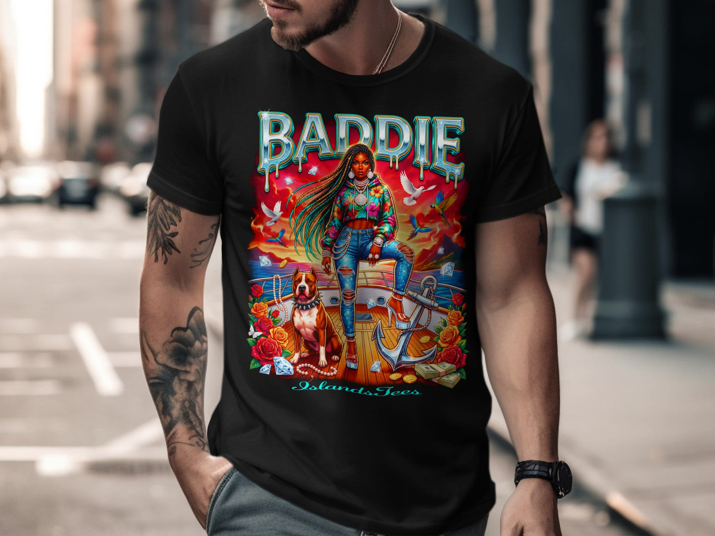 Black t-shirt with "Baddie" text and a woman with a dog on a boat.