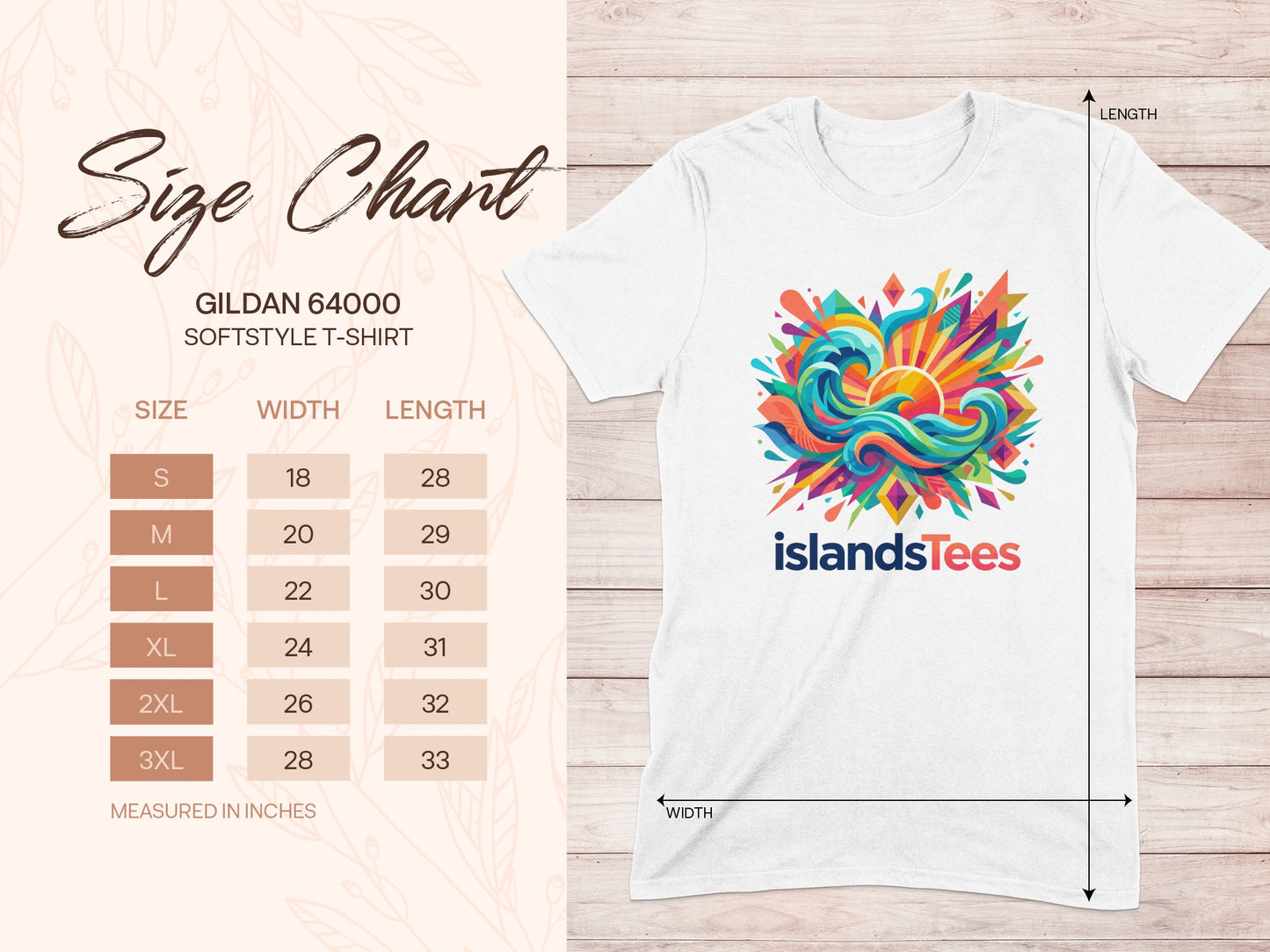 Gildan 64000 Softstyle T-shirt size chart with measurements for size, width, and length.