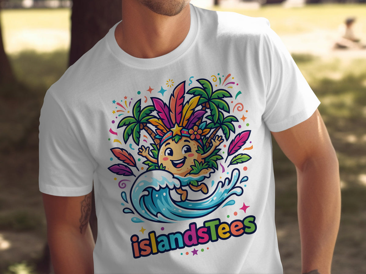 Cartoon character with Hawaiian headdress and palm trees on IslandsTees t-shirt.