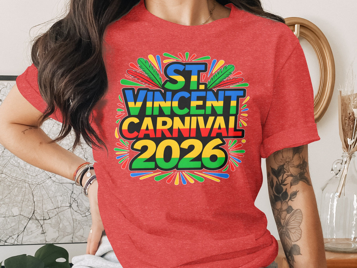 Red t-shirt with "ST. VINCENT CARNIVAL 2026" text in colorful fireworks.