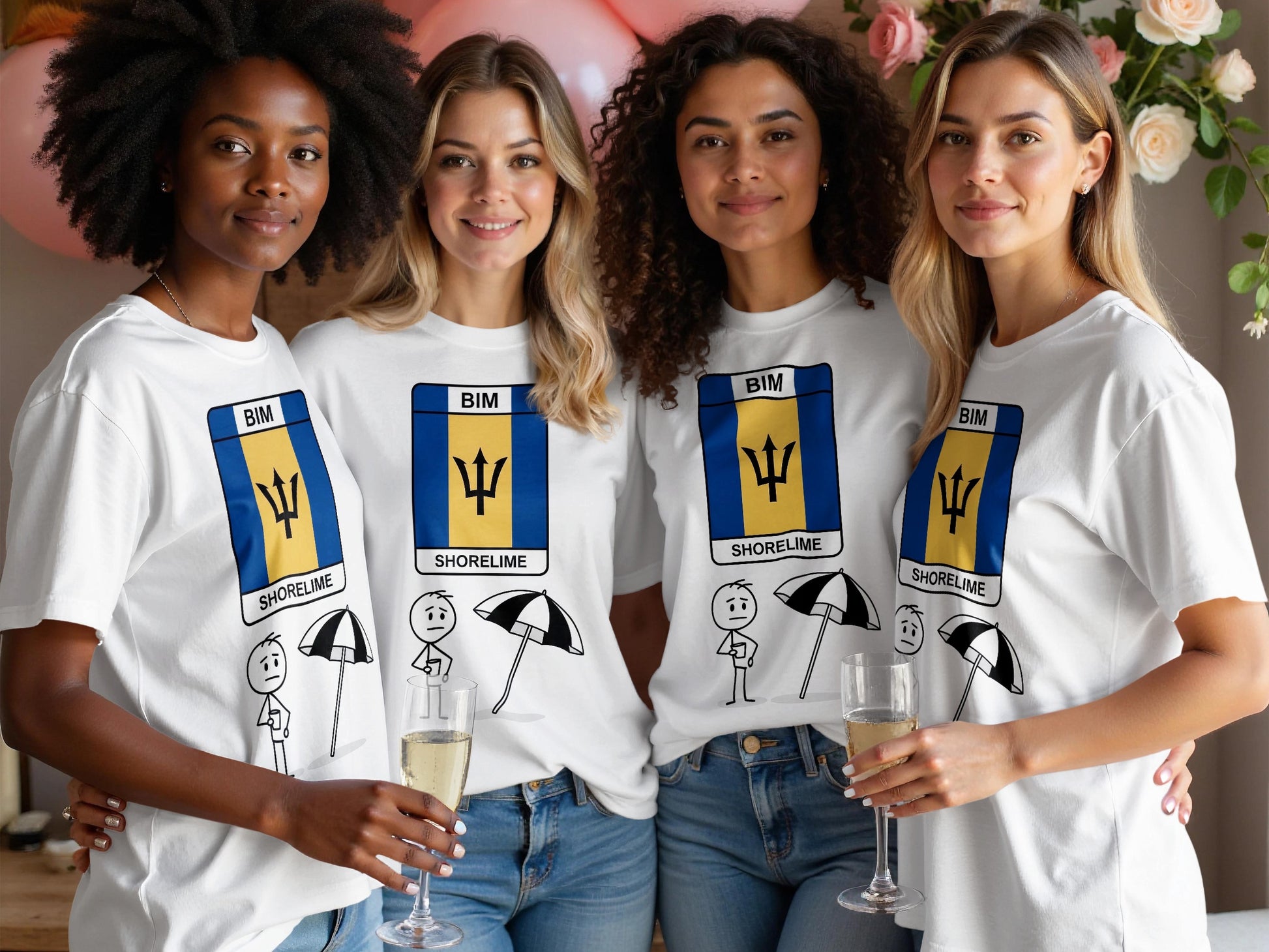 Four women in BIM SHORELINE t-shirts holding champagne flutes.