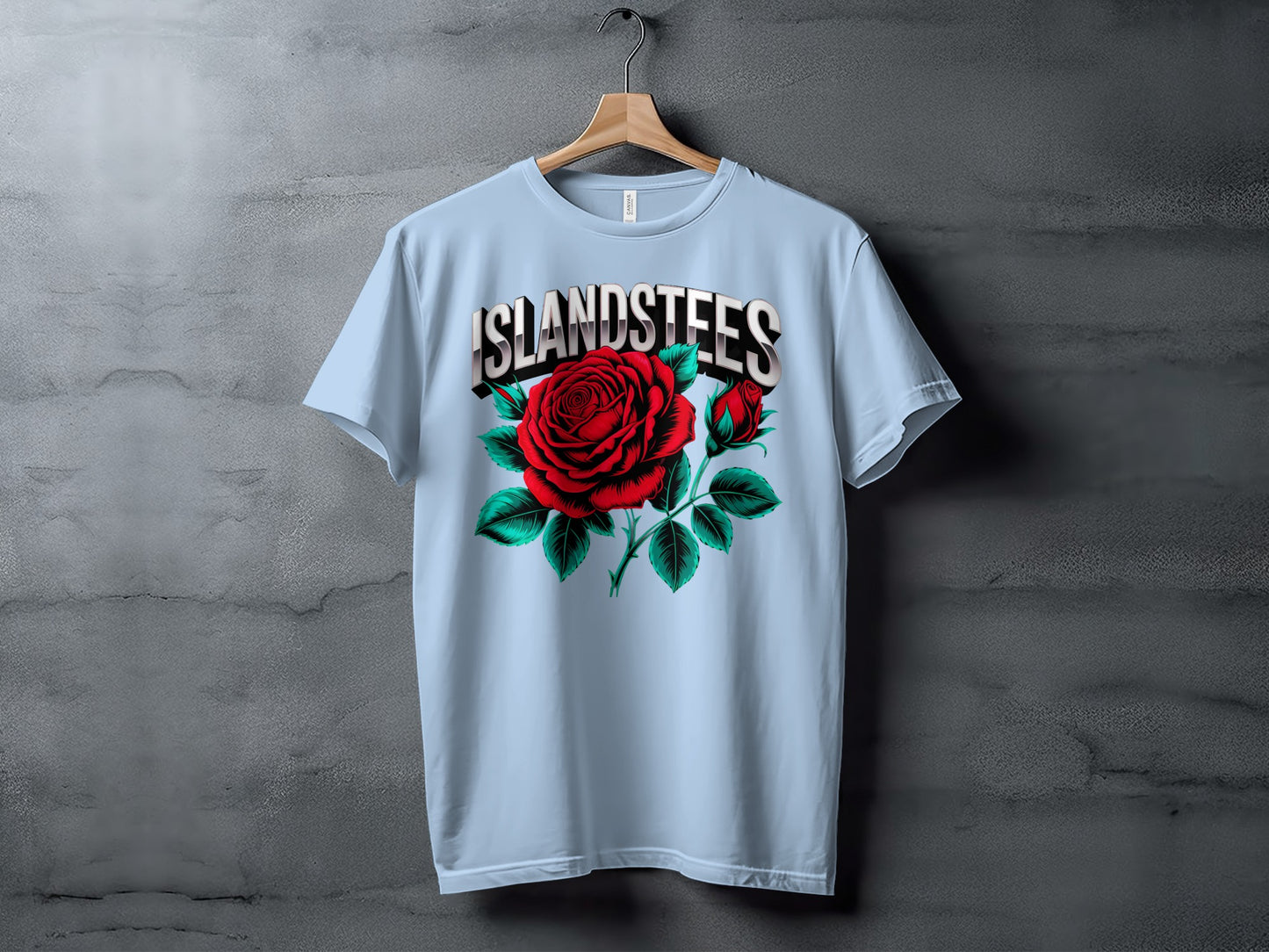 Light blue t-shirt with "ISLANDSTEES" and a large red rose graphic.