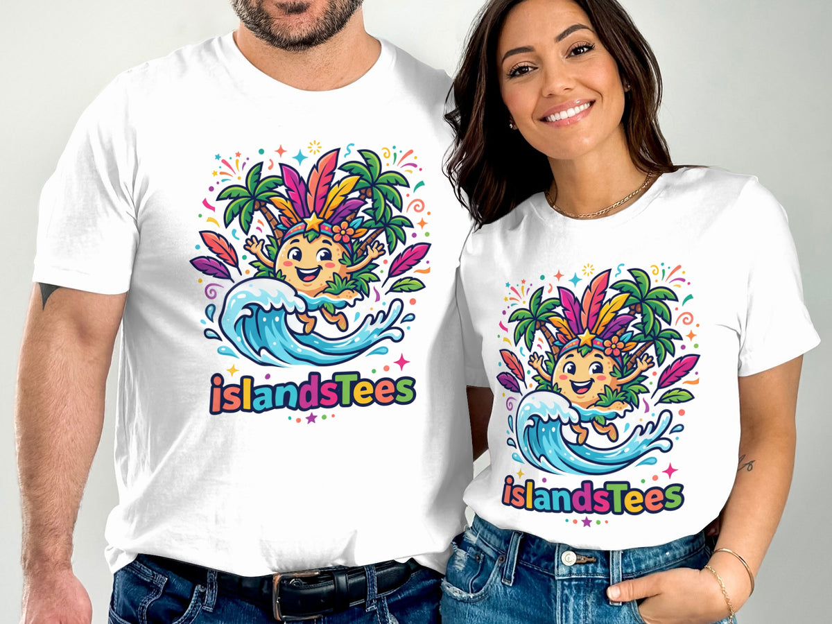 Two people wearing white t-shirts featuring a cartoon character surfing a wave with "islandsTees" text.