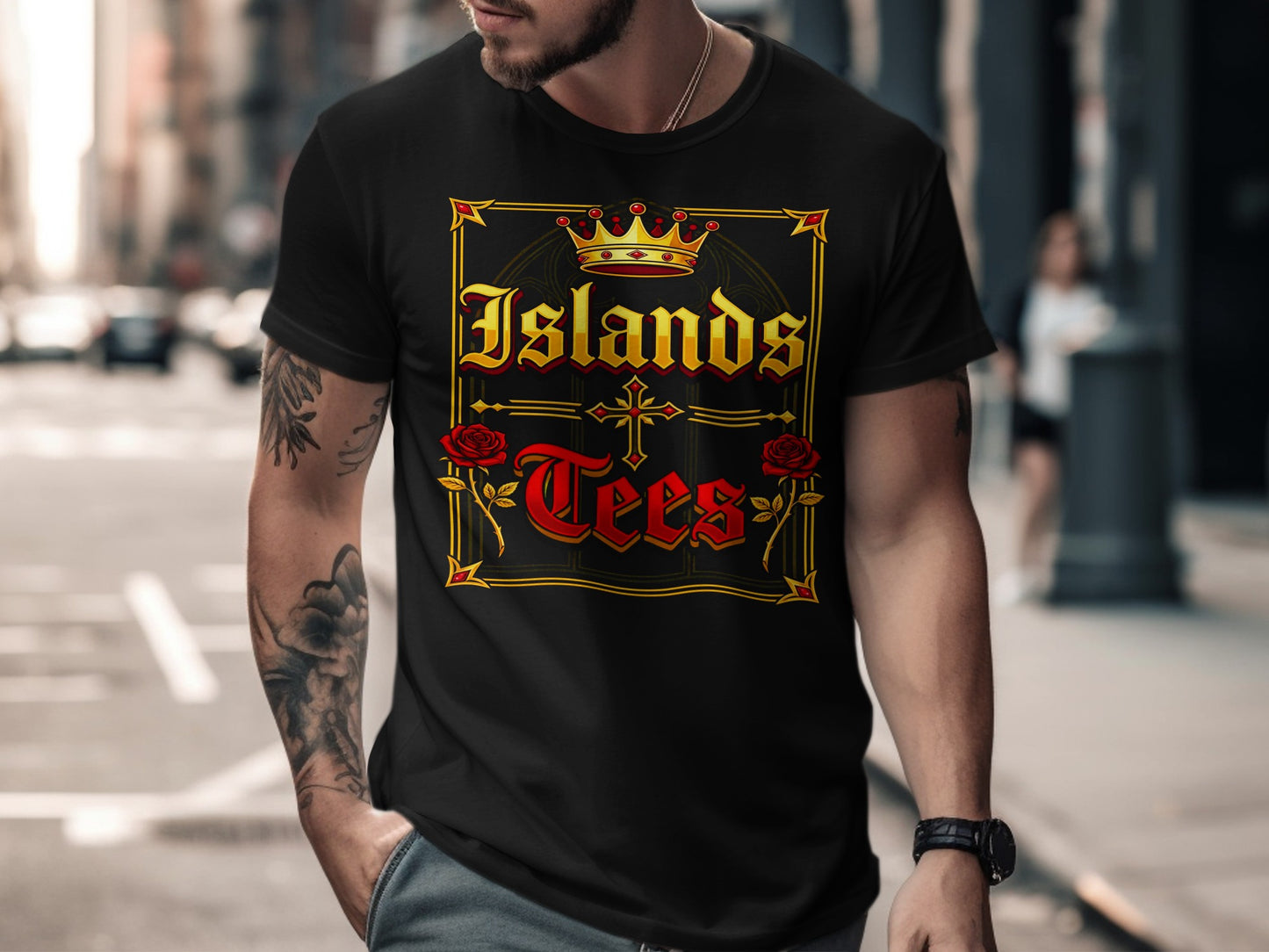 Black t-shirt with gold "Islands Tees" text, crown, and red crosses.