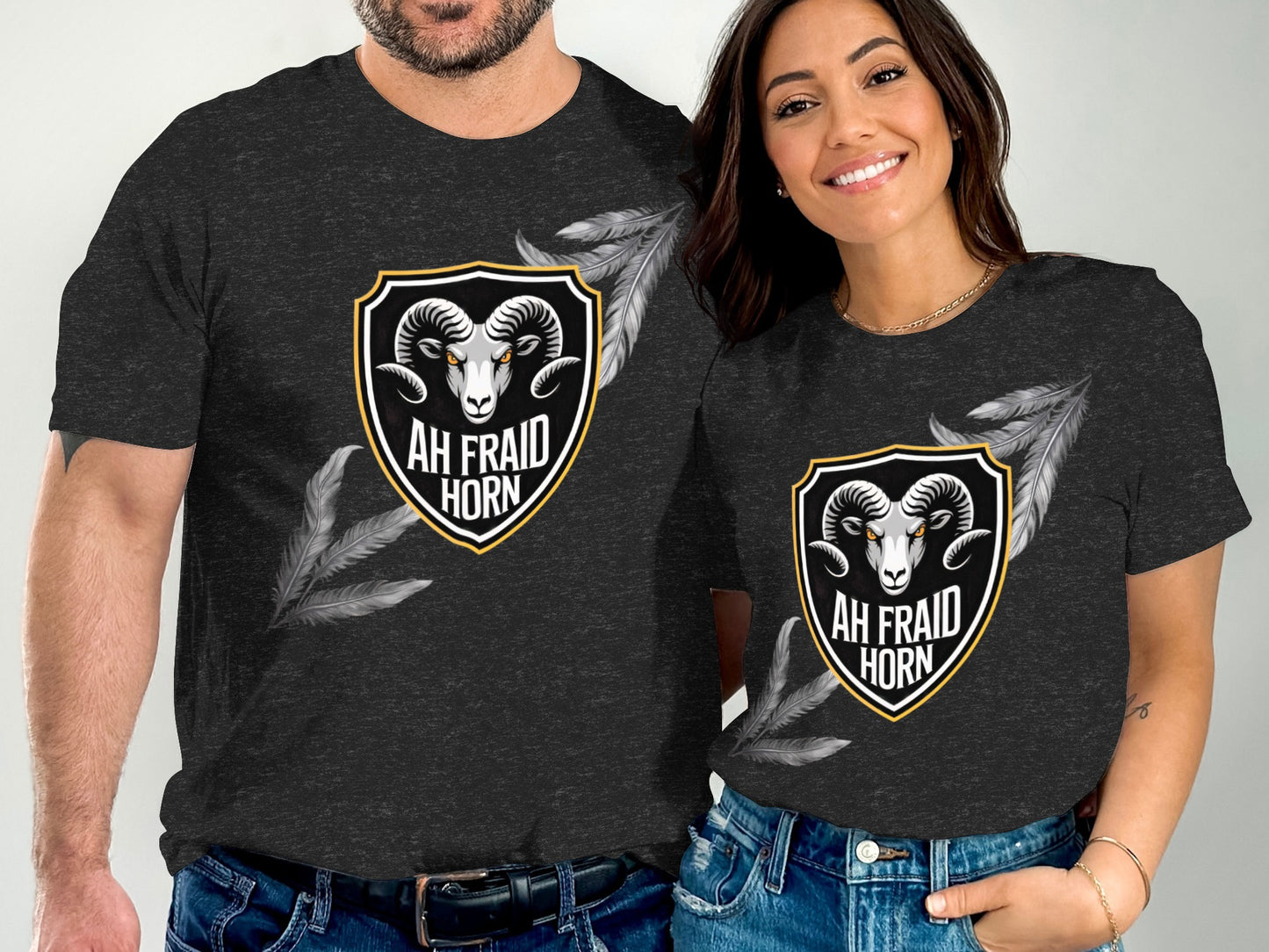 Black Ah Fraid Horn T-shirt with Feather Design