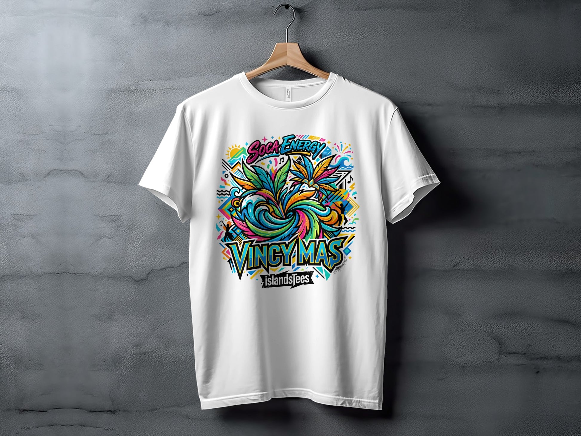 White t-shirt with colorful "COCA ENERGY" and "VINGY MAS" graphic.