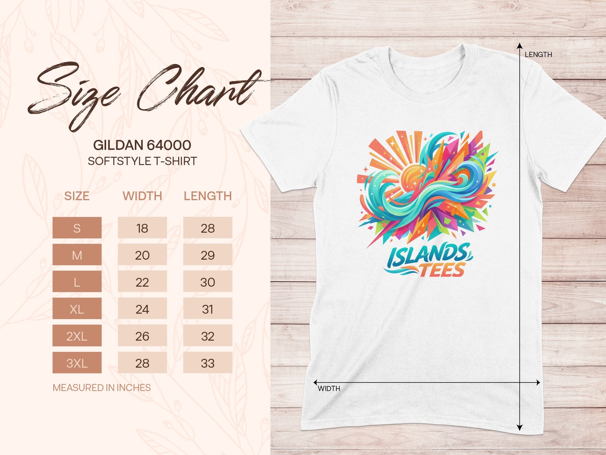 Gildan 64000 size chart for softstyle t-shirts, listing sizes S to 3XL.