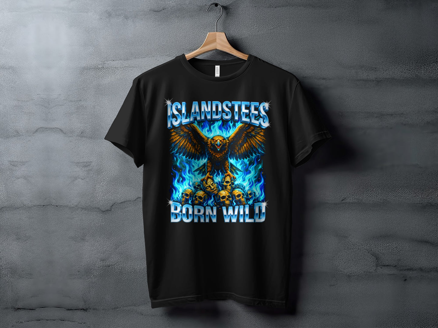 Black t-shirt with an eagle with spread wings above skulls and blue flames.