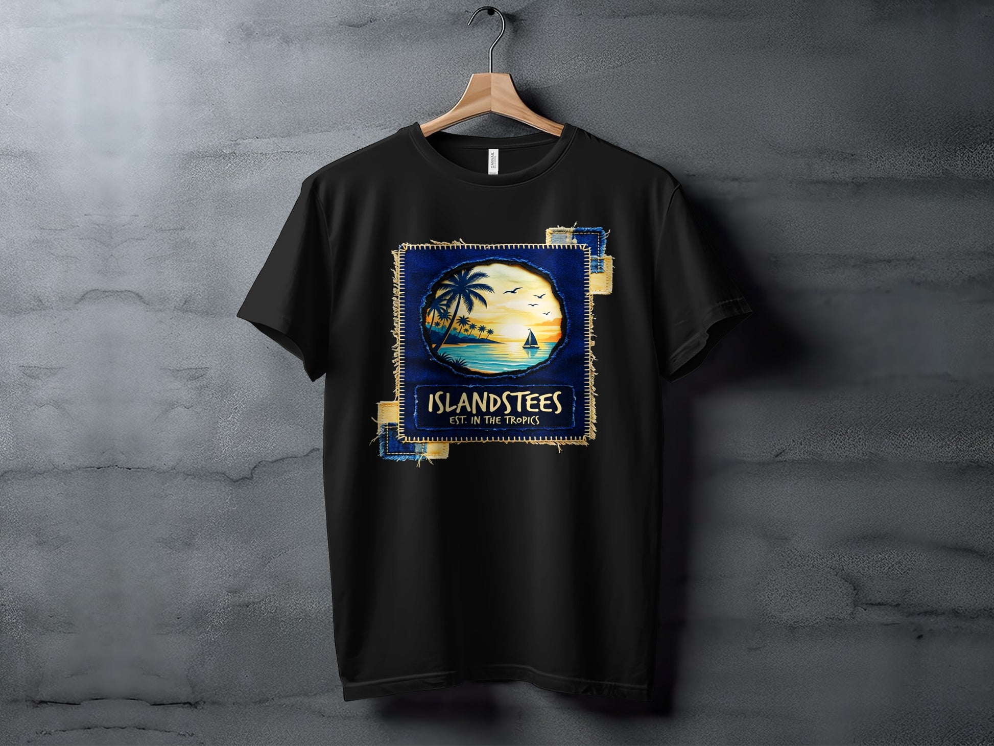 Black t-shirt featuring a tropical sunset scene with palm trees and a sailboat.