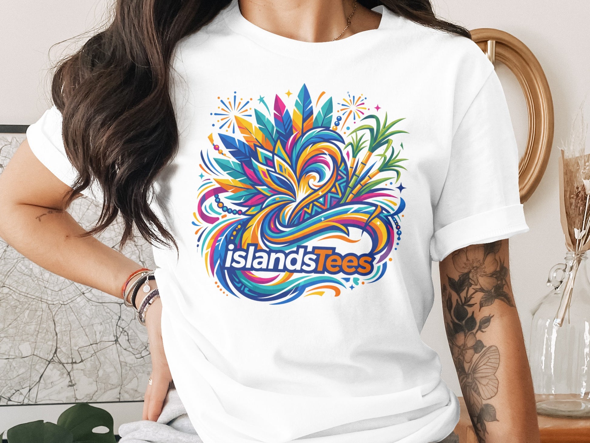 T-shirt with colorful abstract design and "islandsTees" logo.