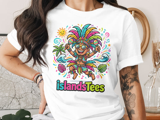 T-shirt with a colorful cartoon of a person in a headdress, maracas, and tropical elements.