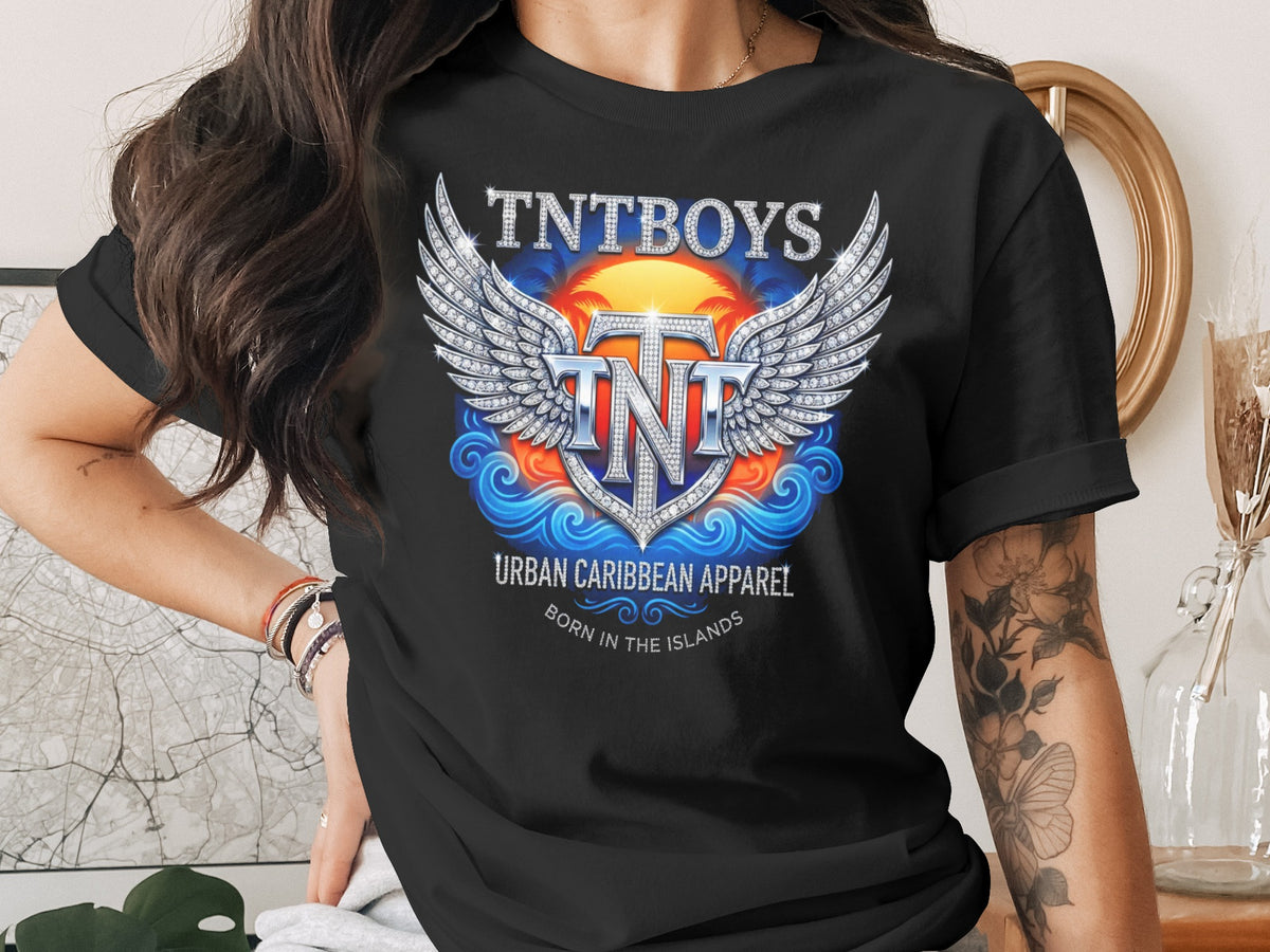 Black t-shirt with "TNT" logo, wings, sun, waves, and "Urban Caribbean Apparel" text.