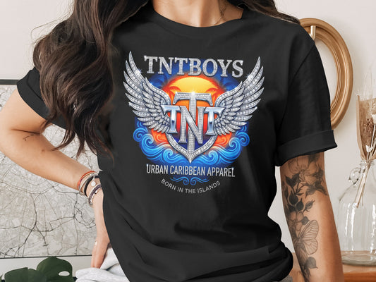 Black t-shirt with "TNT" logo, wings, sun, waves, and "Urban Caribbean Apparel" text.