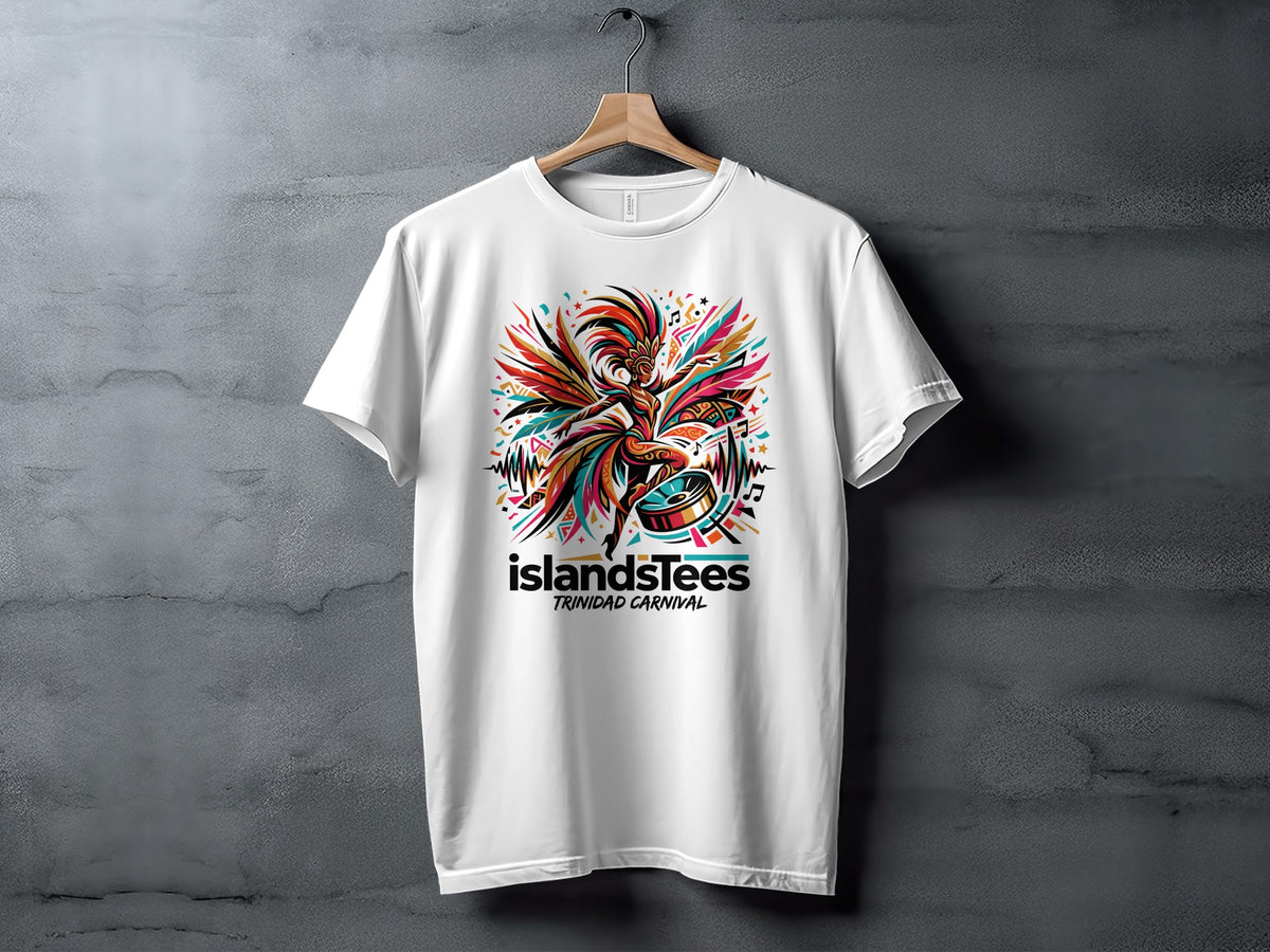 White t-shirt featuring a vibrant Trinidad Carnival dancer illustration with "ISLANDSTEES" text.