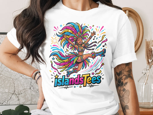 Woman in white t-shirt with colorful carnival dancer design and "IslandsTees" text.