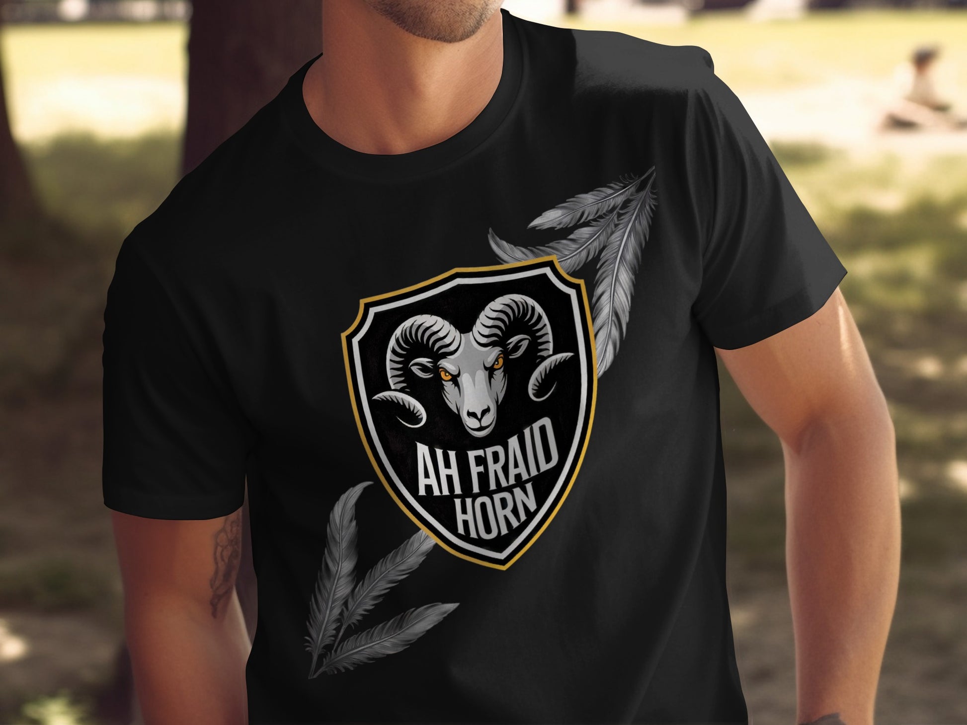 Ram Shield with Feathers Design Black T-shirt