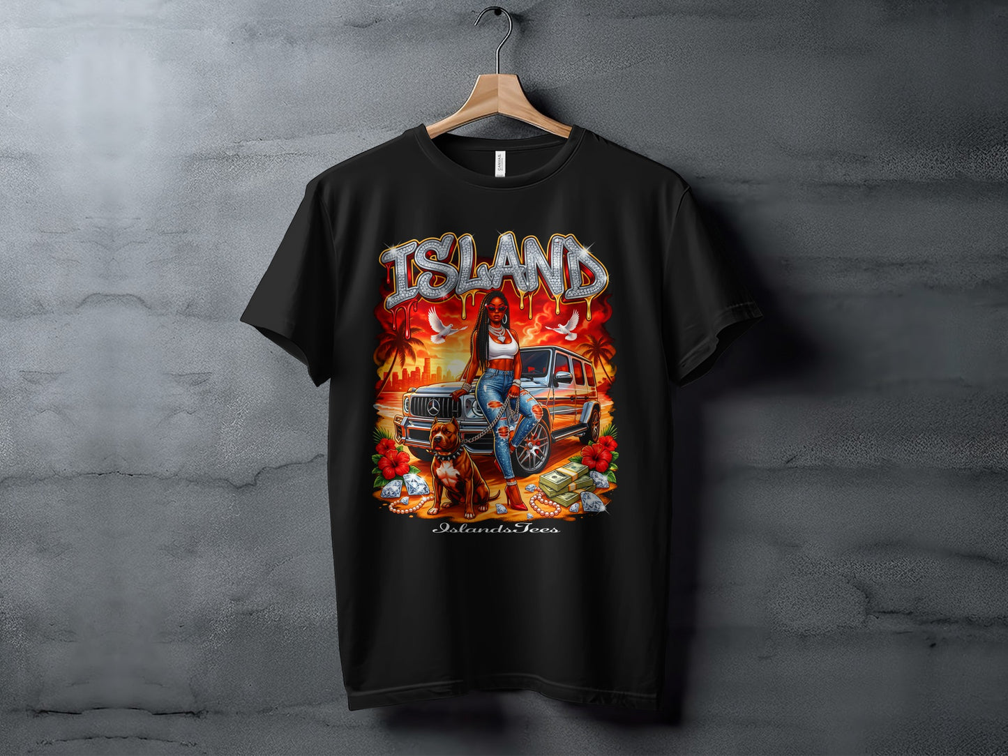 Black t-shirt graphic of a woman and dog with a luxury car and "ISLAND" text.