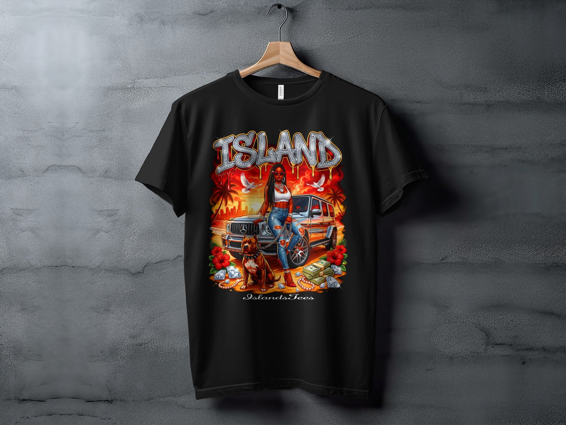 Black t-shirt graphic of a woman and dog with a luxury car and "ISLAND" text.