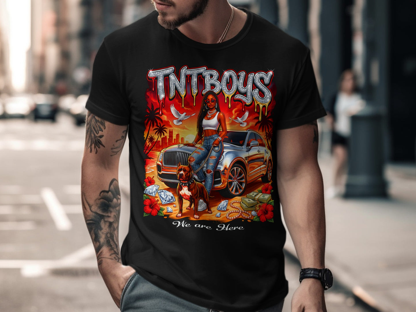 Tnt Boys graphic tee with a woman, dog, car, and jewels.