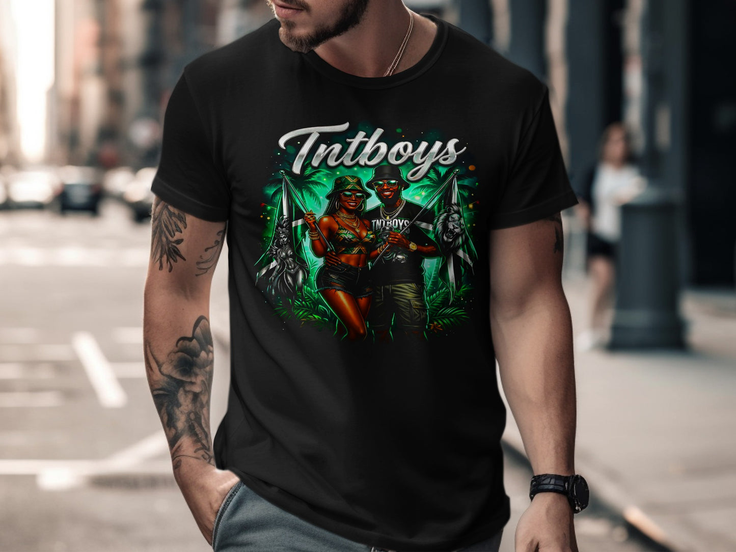 Couple wearing matching t-shirts with "TNTBOYS" logo, holding flags.