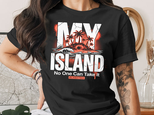 Black t-shirt with "MY ISLAND" text, palm trees, and a wave.