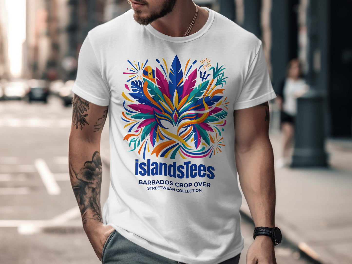 White t-shirt with colorful tropical leaf design and "Islands Tees" text.