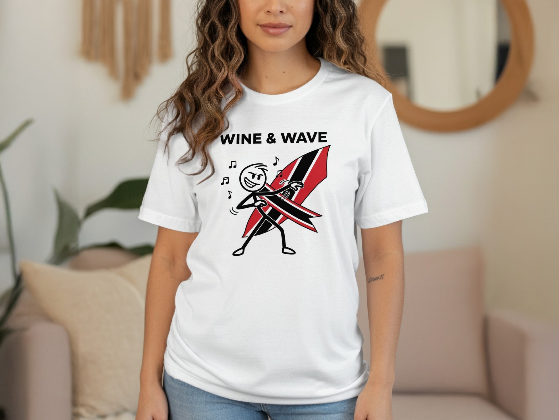 Wine & Wave Graphic T-Shirt with Musical Notes Design