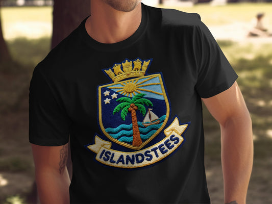 Black t-shirt with embroidered crest featuring palm tree, sun, and sailboat.