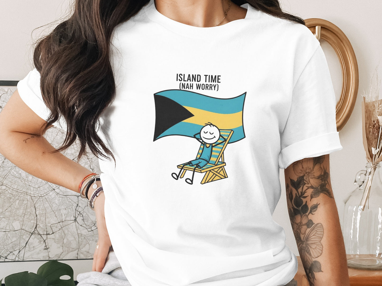 Island Time Nah Worry Bahamas Flag Design T-Shirt