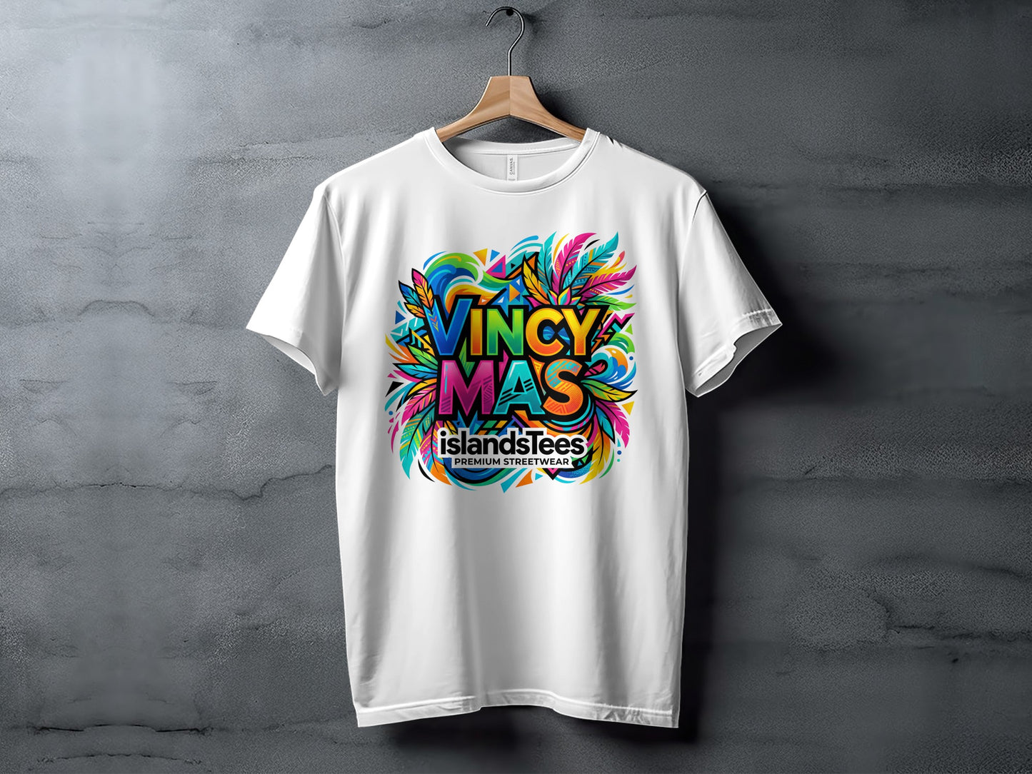 White t-shirt with colorful "VINCY MAS ISLANDSLEES PREMIUM STREETWEAR" graphic.