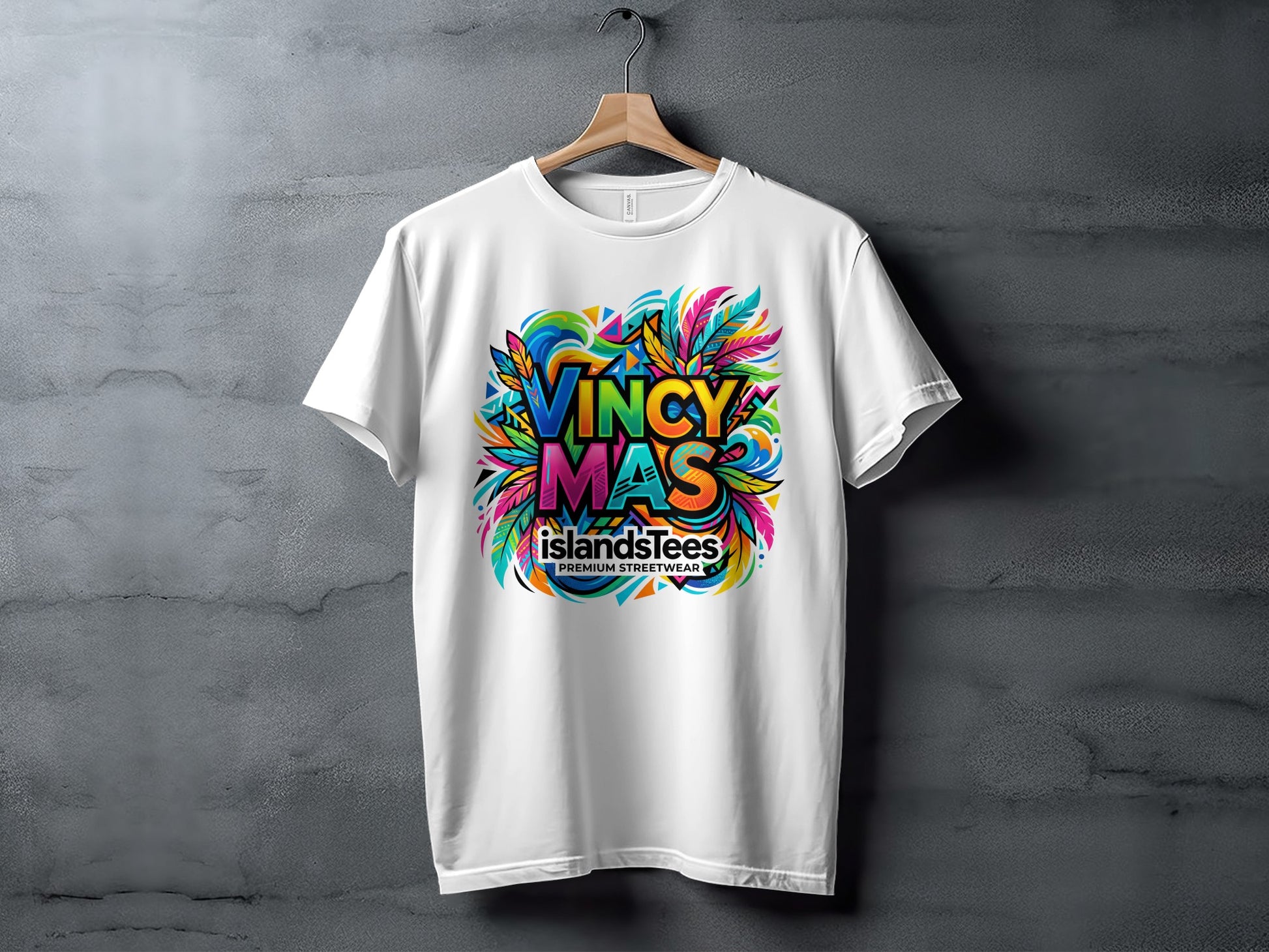 White t-shirt with colorful "VINCY MAS ISLANDSLEES PREMIUM STREETWEAR" graphic.