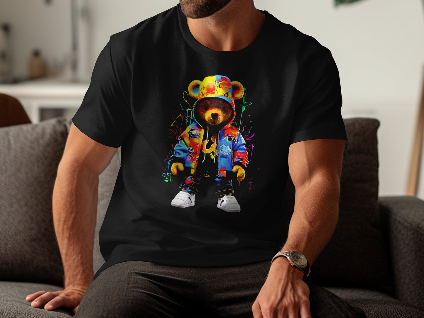 Black t-shirt with colorful graffiti-style teddy bear wearing a hoodie and jacket.