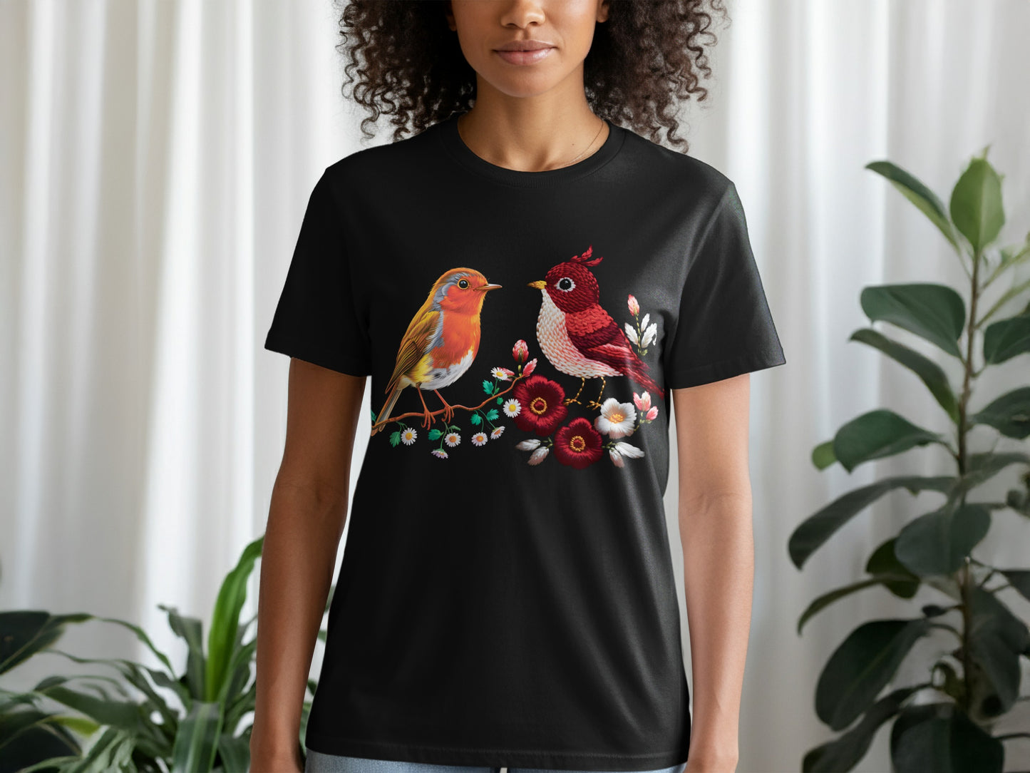 Colorful Bird Embroidery Design on Black T-shirt