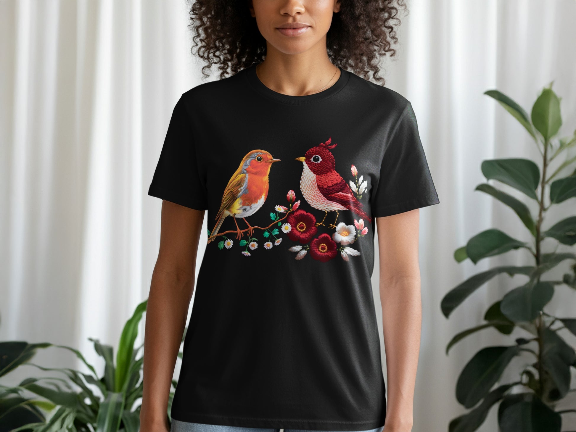 Colorful Bird Embroidery Design on Black T-shirt