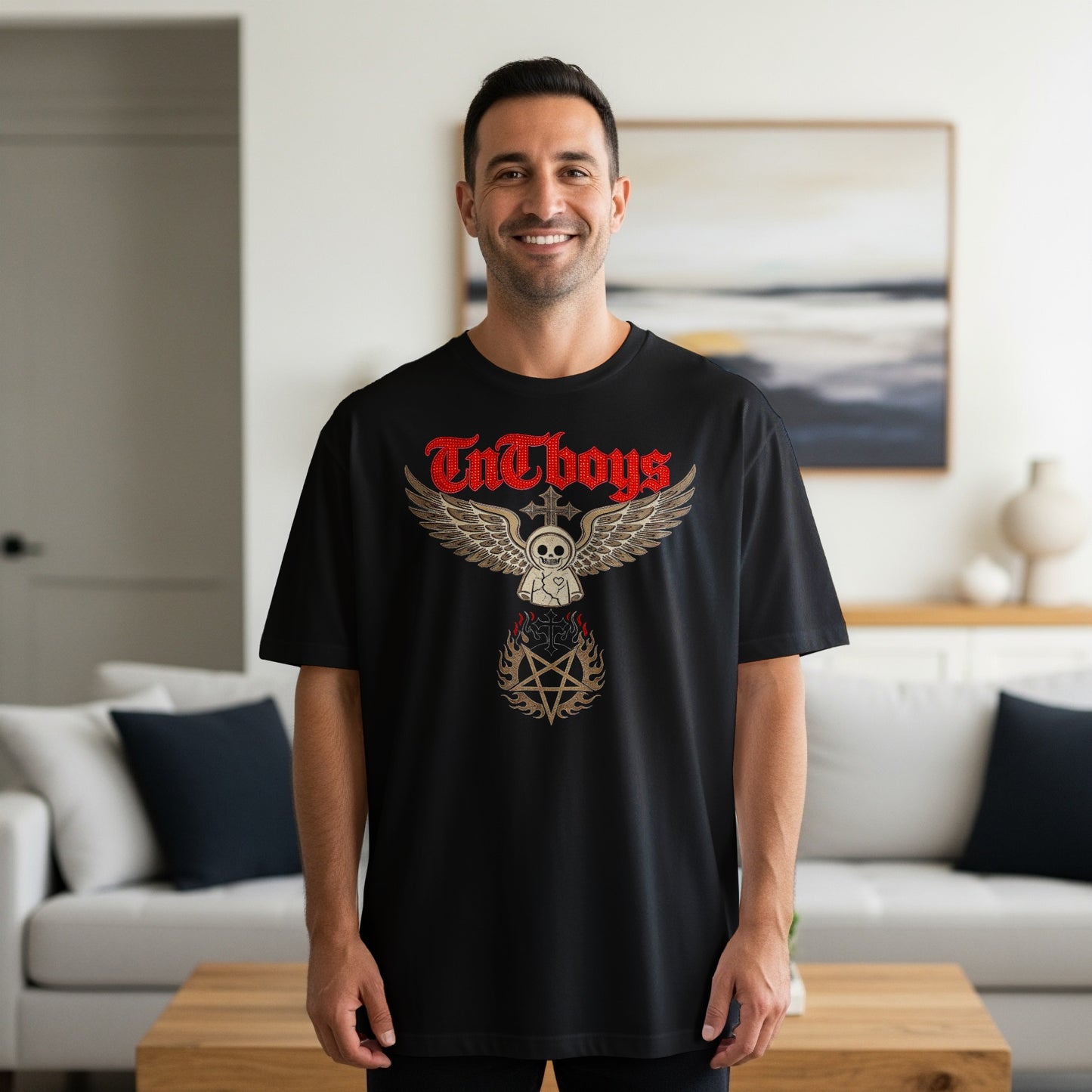 Black t-shirt with red "TnTboys" logo, wings, skull, and pentagram.