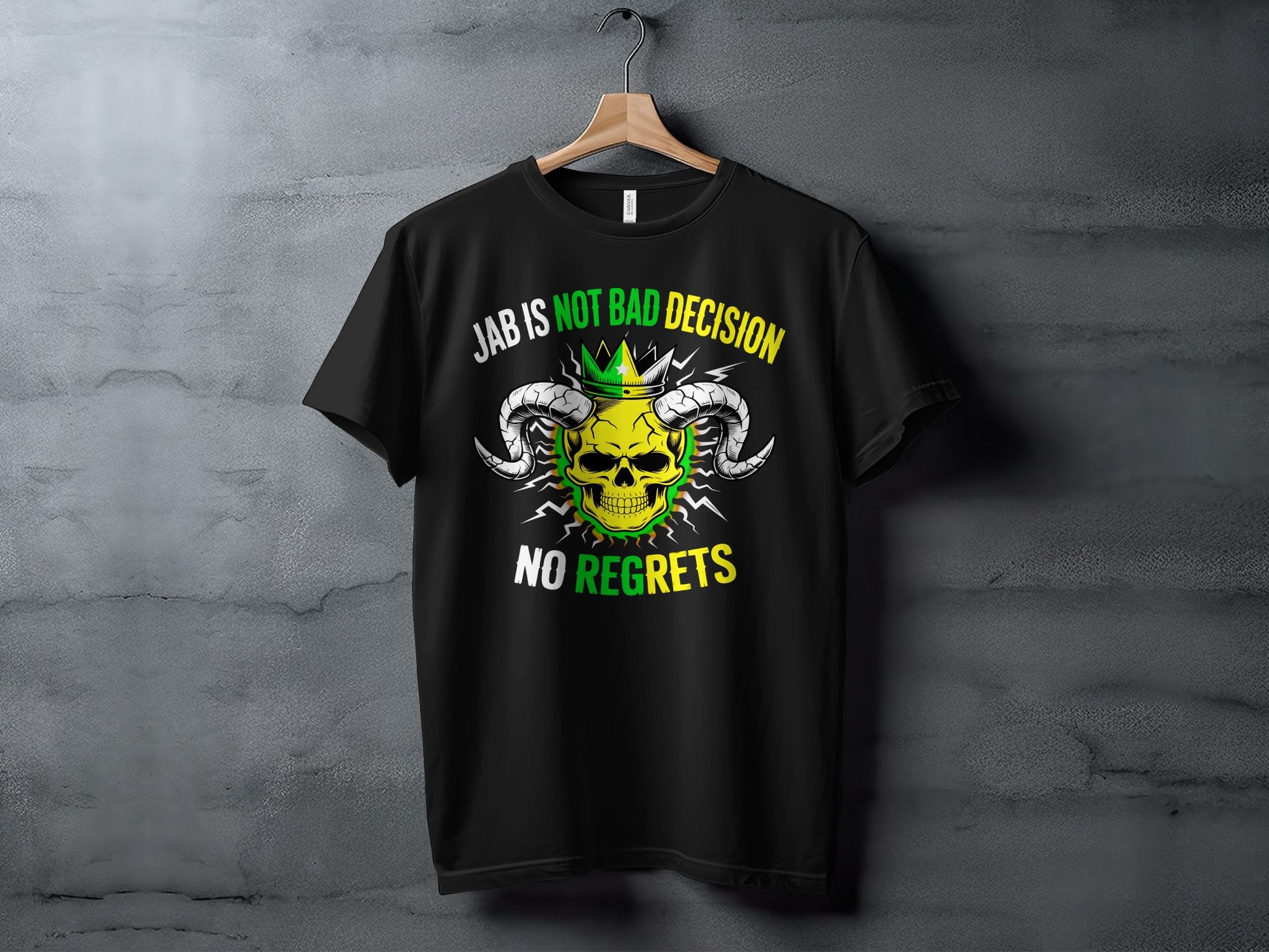 Black t-shirt with a skull graphic and text "JAB IS NOT BAD DECISION NO REGRETS".