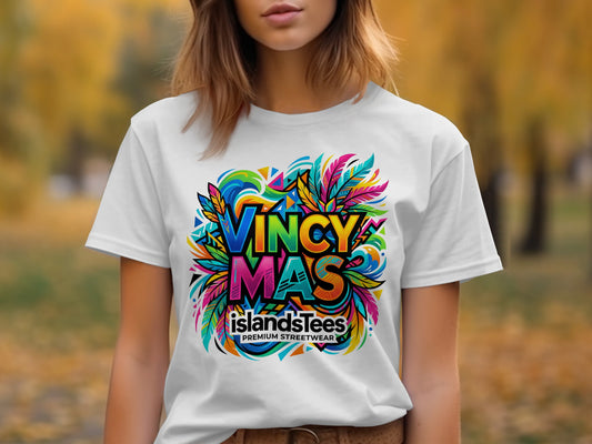 White t-shirt with colorful "VINCY MAS" graphic and "ISLANDSTEES PREMIUM STREETWEAR" text.