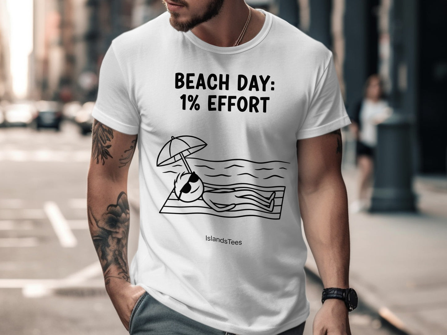 White t-shirt with "BEACH DAY: 1% EFFORT" and umbrella graphic.