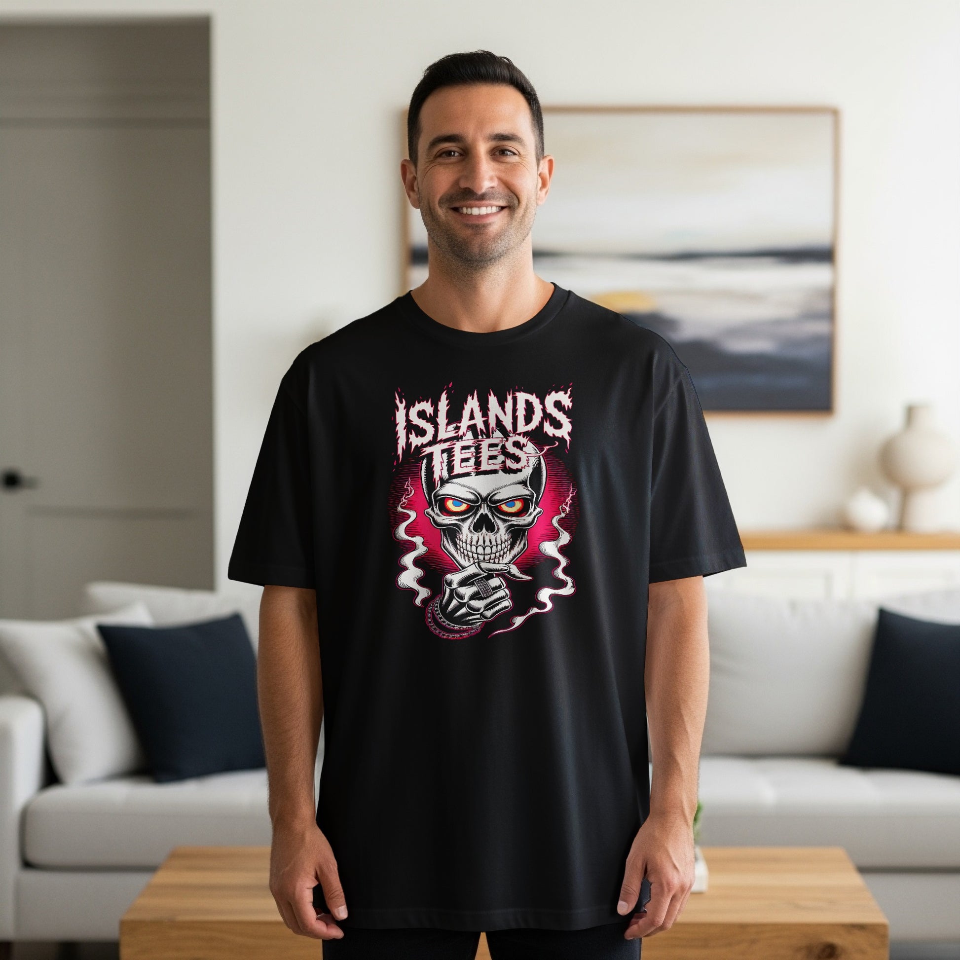 Black t-shirt with skull and "ISLANDS TEES" text graphic on chest.