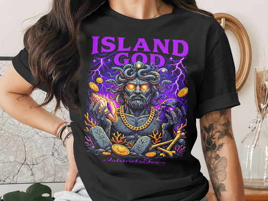Black t-shirt with "Island God" text and Medusa graphic holding skull.