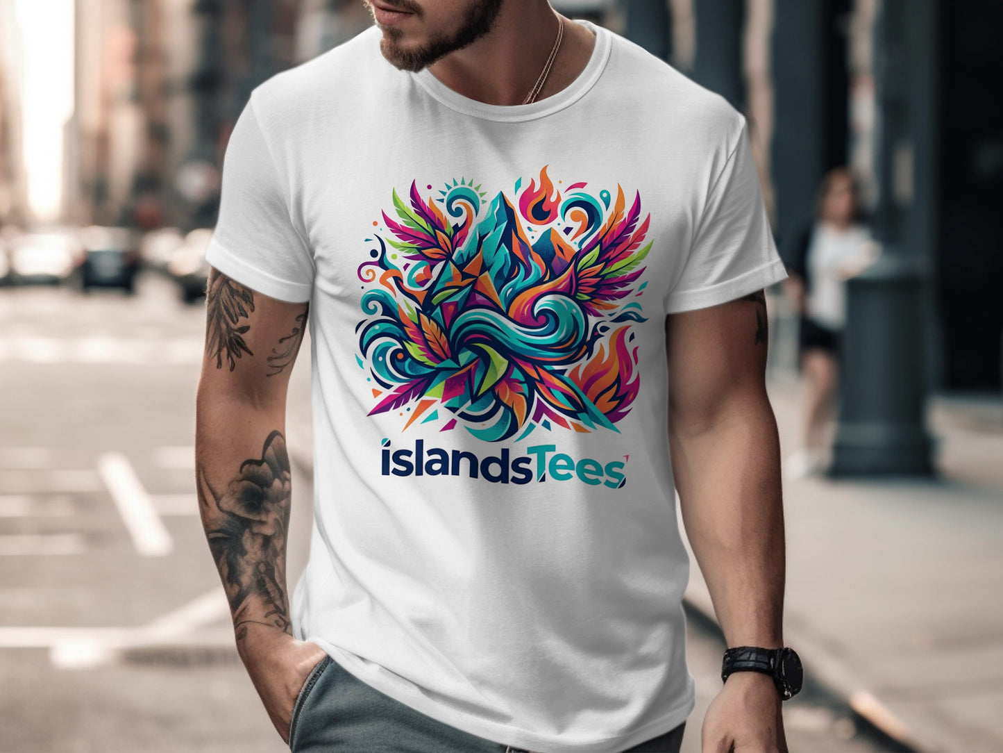 White t-shirt with IslandsTees logo featuring colorful phoenix design.
