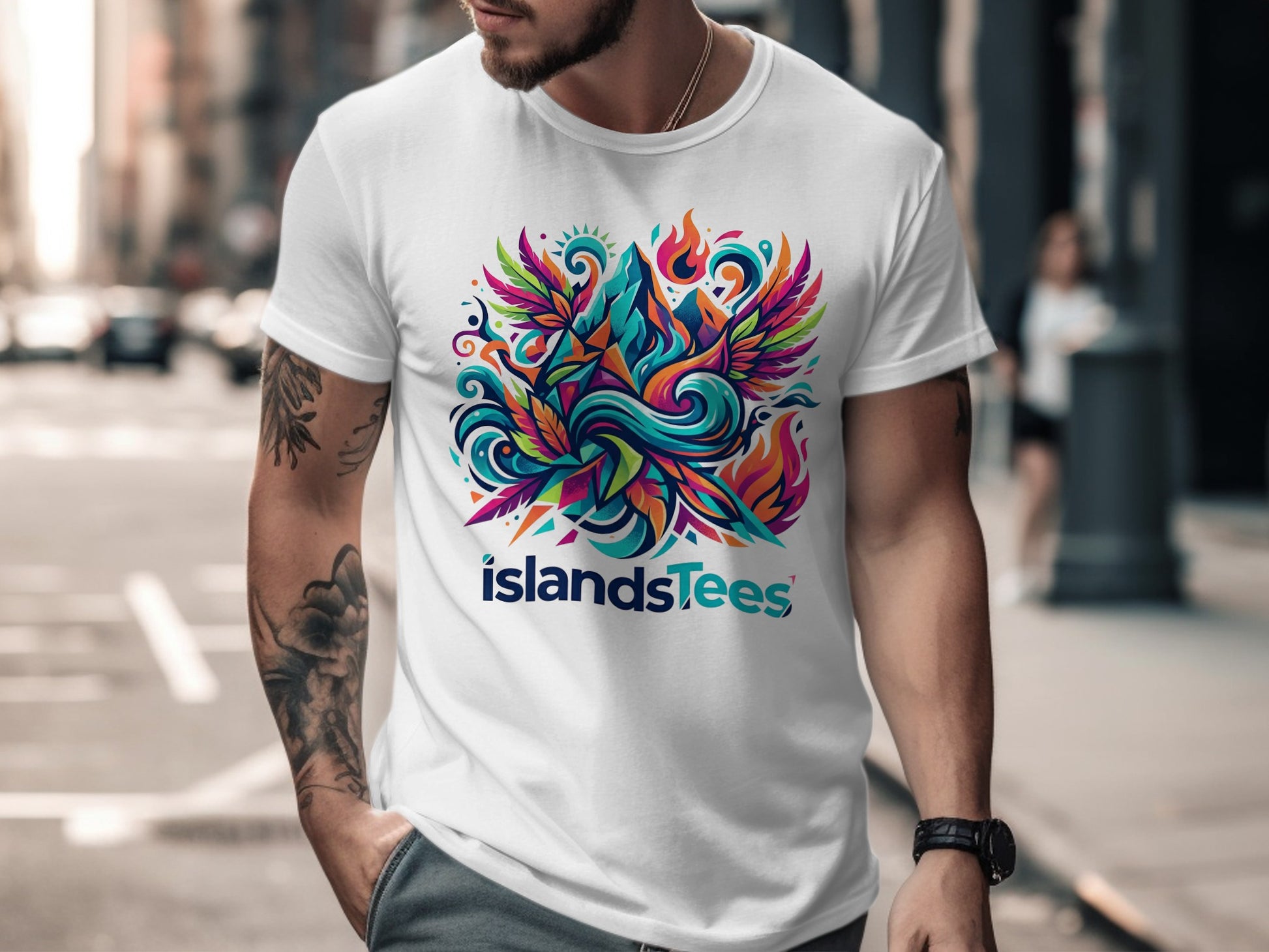 White t-shirt with IslandsTees logo featuring colorful phoenix design.