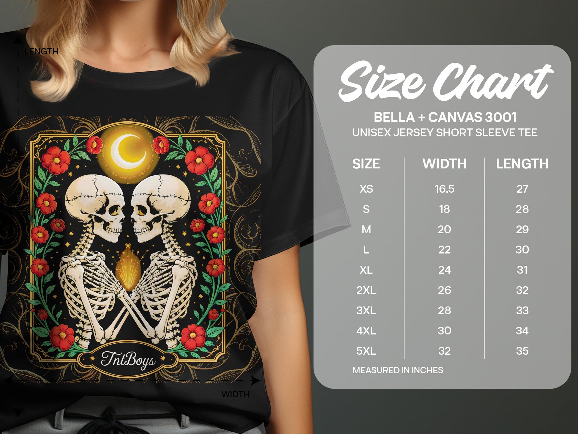 Skeleton Lovers Floral Crescent Moon Short Sleeve Tee