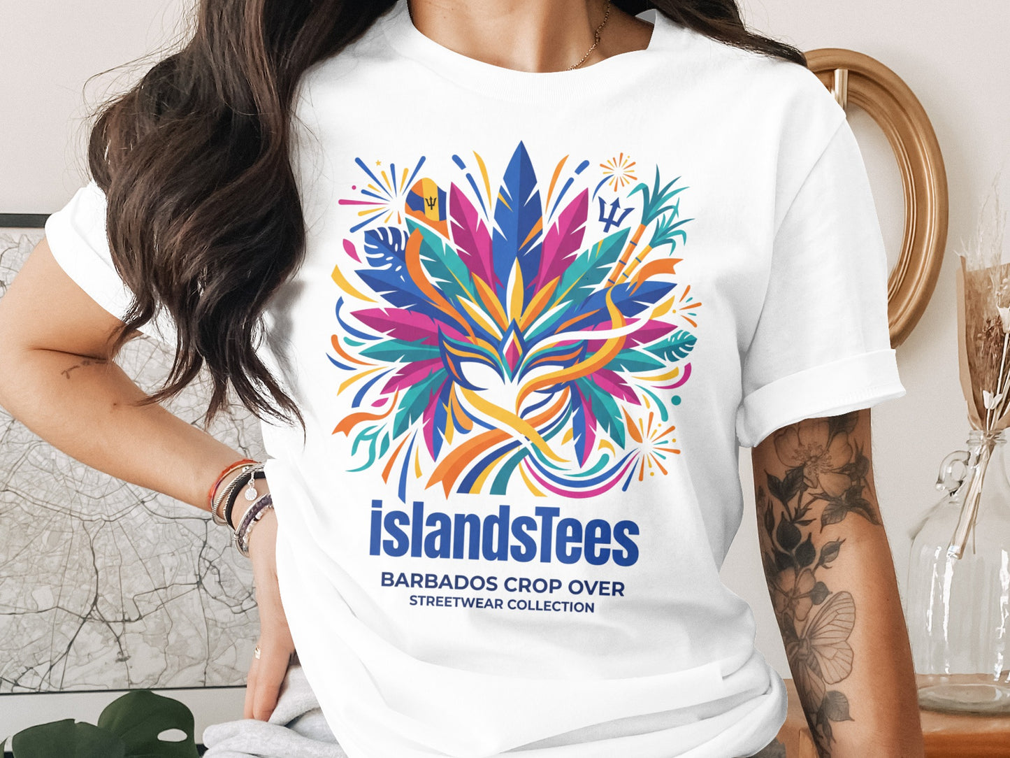 White t-shirt with colorful Barbados crop over graphic and text.