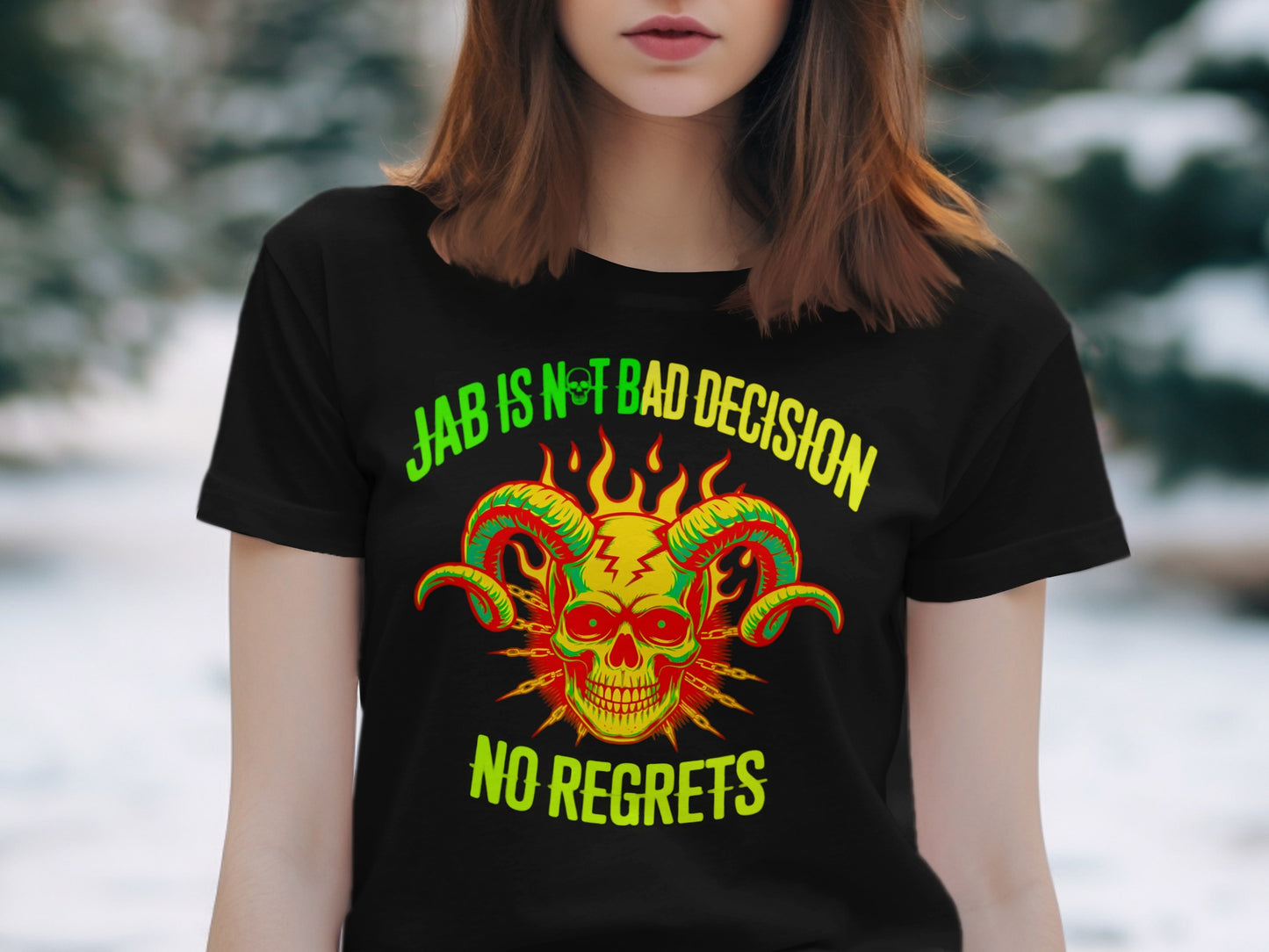 Black t-shirt with skull, horns, chains, and text "JAB IS NOT BAD DECISION NO REGRETS".