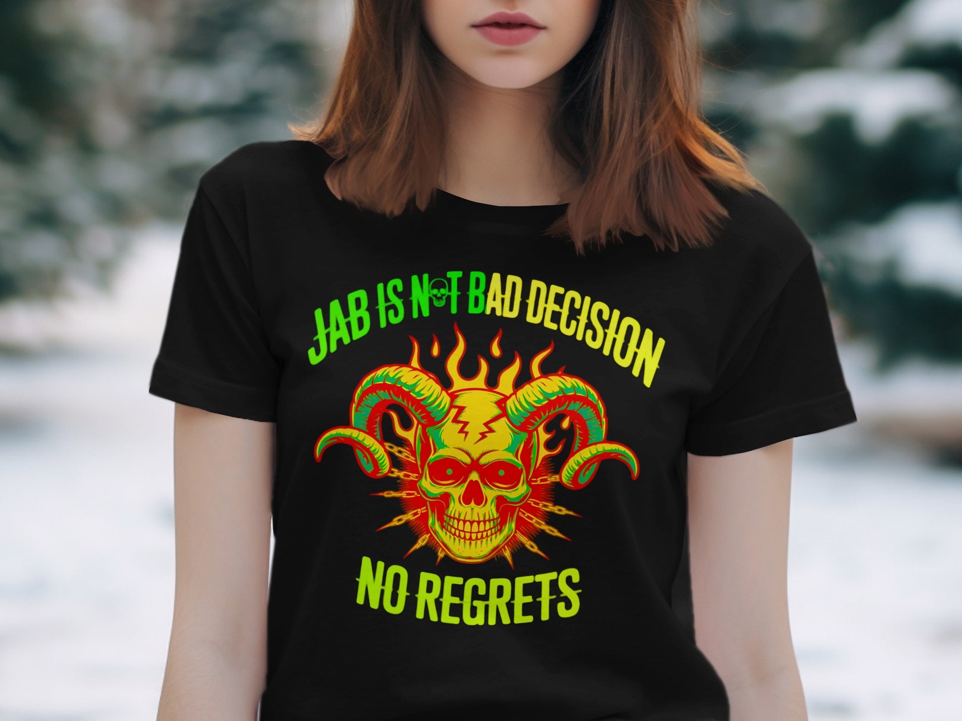 Black t-shirt with skull, horns, chains, and text "JAB IS NOT BAD DECISION NO REGRETS".