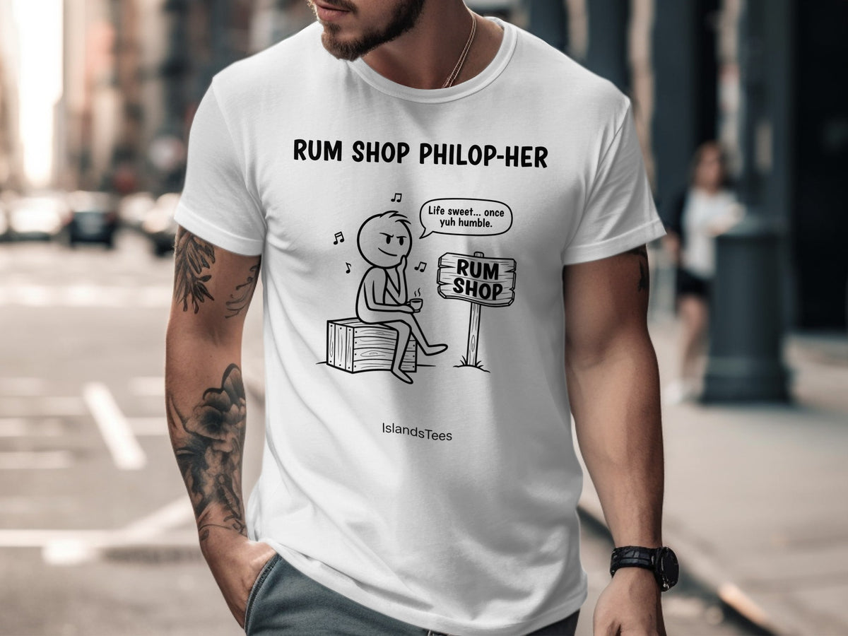 White t-shirt with "Rum Shop Philop-Her" and a cartoon character.