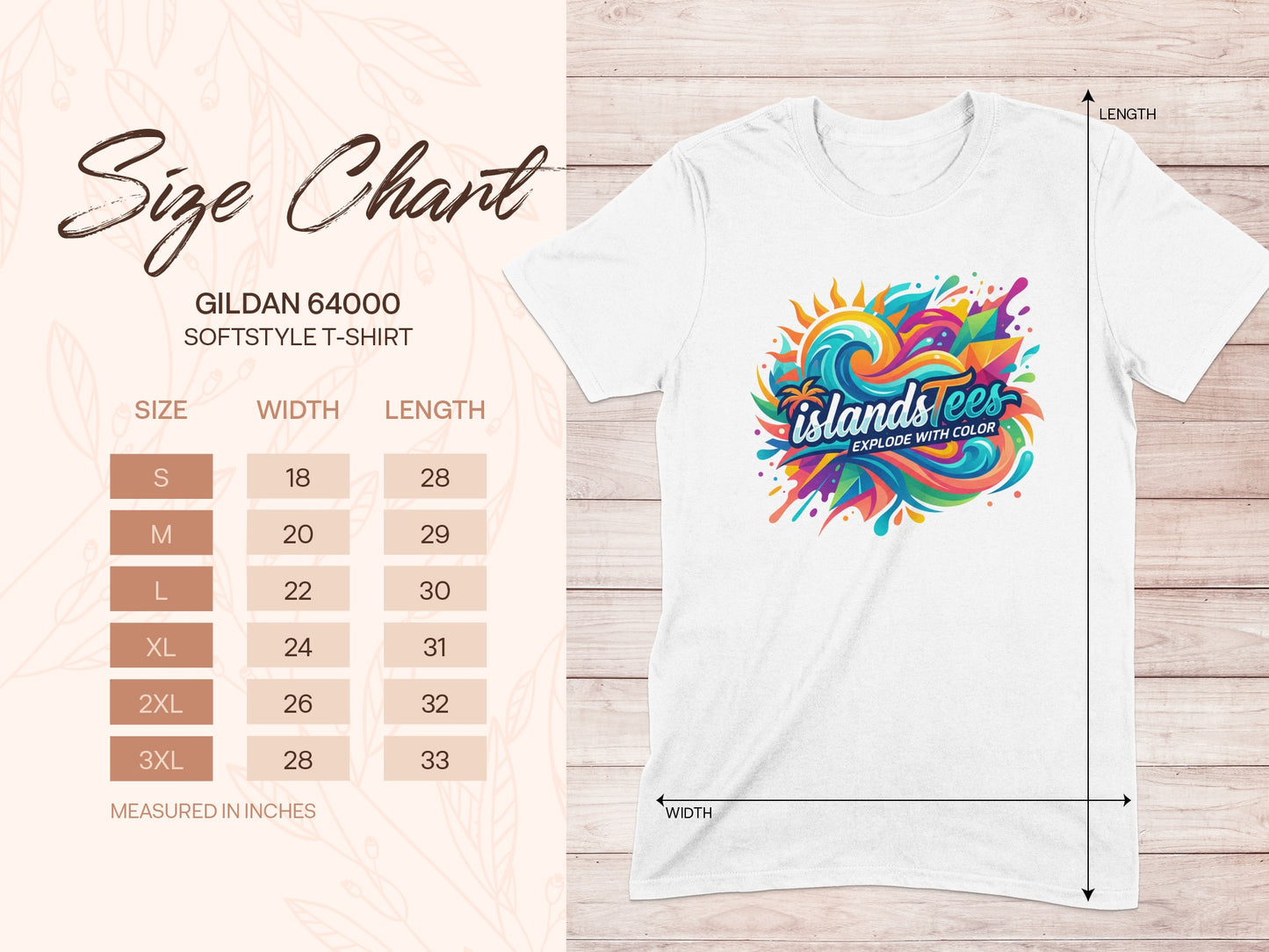 Gildan 64000 t-shirt size chart with measurements in inches.
