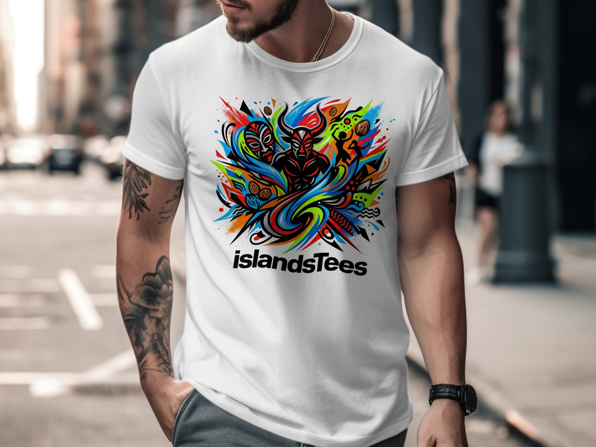 White t-shirt with vibrant abstract tribal mask design and "islandsTees" logo.